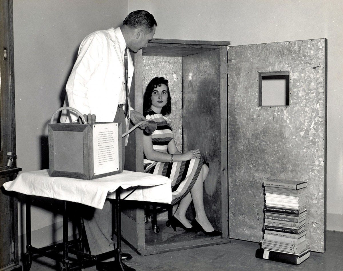 Psychiatrist Wilhelm Reich declared the existence of a universal healing and revitalizing force, called orgone, and created devices (the booth and breathing apparatus are pictured here) to capture and administer it. He was fined and eventually jailed in the 1950s. Healing Devices (FDA 138)The U.S. Food and Drug Administration.