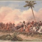 The 2nd Dragoon Guards, the Queen’s Bays, routing the Lucknow mutineers near the Hyderabad road, Original watercolor signed by Norie; dragoons at left pursuing fleeing mutineers at right. Prints, Drawings, and Watercolors from the Anne S.K. Brown Military Collection. Sepoy Rebellion, 1857-1858, Oblong folio. Date 1 January 1859. Painting in watercolor by Orlando Norie (1832-1901). Public Domain.