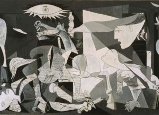 El Guernica. Painting by Pablo Ruiz Picasso. the painting was a protest and a visualization of the bombardement of the little Basque town, see april 26. 1937 below. Photo by Antonio Marín Segovia. (CC BY-NC-ND 2.0).