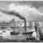 Bookillustration: Robert Fulton tests the first steamboat at the Hudson River, 1807. Author James D. McCabe, Jr. Illustration by G. F. and E. B. Bensell. Date: 1870. Public Domain.