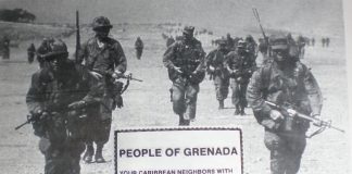 Handbill distributed by US Forces during the invasion of Grenada. The picture, taken the day after the invasion, on October 26, 1983 - includes (foreground) an Army Psychological Warfare leaflet prepared in advance and dropped by US Air Forces during the invasion of Grenada + and (background) Army Rangers marching through on day two finding the leaflets on the ground. Army Psychological Warfare units became operational on the island a few days later, to operate the AN/TRT-22 radio transmitter that replaced the Radio Grenada transmitter destroyed during the fighting. The "handbill" was also handed out during the invasion. Photo: EDomingos (talk). Public Domain. Source: Wikimedia Commons.