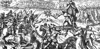 Spanish colonialists army attack on the Inka-people in Cajamarca under the leadership of Atahuallpa. 5000 were killed and Atahuallpa was captured by Francifco Pizarro. Unknown artist. Photo: Lupo. Public Domain.