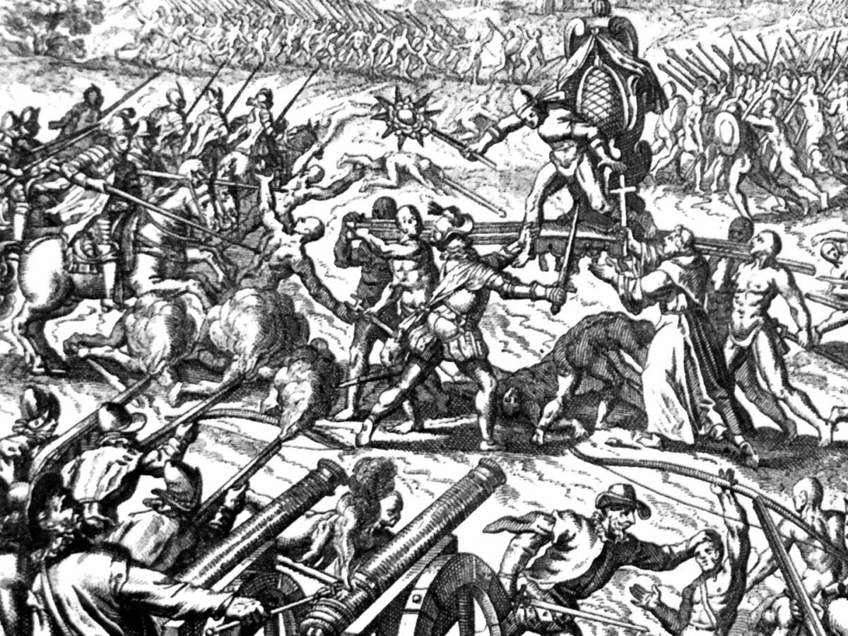 Spanish colonialists army attack on the Inka-people in Cajamarca under the leadership of Atahuallpa. 5000 were killed and Atahuallpa was captured by Francifco Pizarro. Unknown artist. Photo: Lupo. Public Domain.