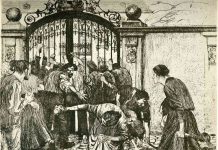 Revolt by the gates of a park 1897 in A Weavers Revolt. Radering by Käthe Kollwitz (1867—1945). Public Domain. Location: Hermitage Museum, Saint Petersburg, Russia.