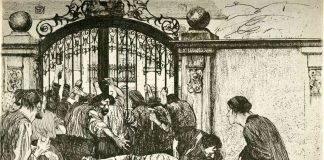 Revolt by the gates of a park 1897 in A Weavers Revolt. Radering by Käthe Kollwitz (1867—1945). Public Domain. Location: Hermitage Museum, Saint Petersburg, Russia.