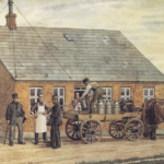 Det første andelsmejeri Hjedding, Ølgod sogn ved Varde i Vestjylland. Akvarel fra 1932 af Rasmus Christiansen (1863 – 1940).