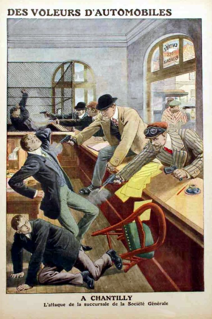 Victor Kibaltchiche AKA Victor Serge was arrested in 1912 as a member of the anarchist Bonnet Gang. Here illustrated in the Petit Journal supplement, April 1912: Attack on the Société Générale agency in Chantilly by the Bonnot gang (anarcho-illegalist). Artist: Unknown. Public Domain.