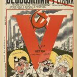 Bezbozhnik, 1920s Soviet magazine showing gods of the Abrahamic religions being crushed by the Communist 5-year plan. Drawing from 1929 made by staff of Bezhnoznik. Public Domain.