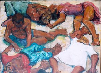 Painting of the Sharpeville massacre, which took place 21 March 1960, Sharpeville, Gauteng province, South Africa, currently located in the South African Consulate in London. Made by Godfrey Rubens (painter and photographer). (CC BY-SA 3.0).