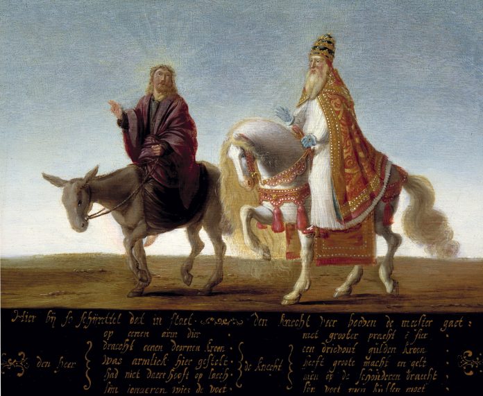 The servant goes above the master: satire from the Reformation of Christ on a donkey and the pope on horseback. Oil on panel. Insribed: Hier bij so schijnttet dat in staet. den knecht booven de meester gaet. Date: from 1600 until 1624. Collection: Museum Catharijneconvent, Utrecht, NL. Artist: Anonymous. Public Domain.