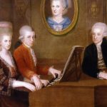 Family portrait: Maria Anna (“Nannerl”) Mozart, her brother Wolfgang, their mother Anna Maria (medallion) and father, Leopold Mozart, circa 1780. Painted by Johann Nepomuk della Croce (1736–1819), Austrian painter. Public Domain.