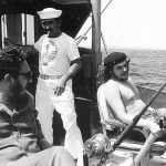 Fidel Castro and Che Guevara marlin fishing off the coast of Cuba in 1960 during the Hemingway Tournament. Neither Hemingway or Guevara, landed any fish. Castro, however, boated a sailfish and a marlin on the first day, two marlins on the second and another marlin on the third, which gave him firstplace in a field of 150. “I am a novice at fishing,” said Fidel. Photo: Alberto Corda. Public Domain.
