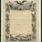 Photograph of a reproduction of the Emancipation Proclamation. Library of Congress description: “Eagle with banner ‘Proclamation of Emancipation’ and U.S. flags over portrait of Abraham Lincoln above text framed along the sides with vignettes about slavery, escape, education of African Americans, and the American cotton industry. Below the text is an image of rebuilding southern agriculture in the ruins of the Civil War”, circa 1864. Engraving by W. Roberts, restoration by Bammesk/Library of Congress. Public Domain.