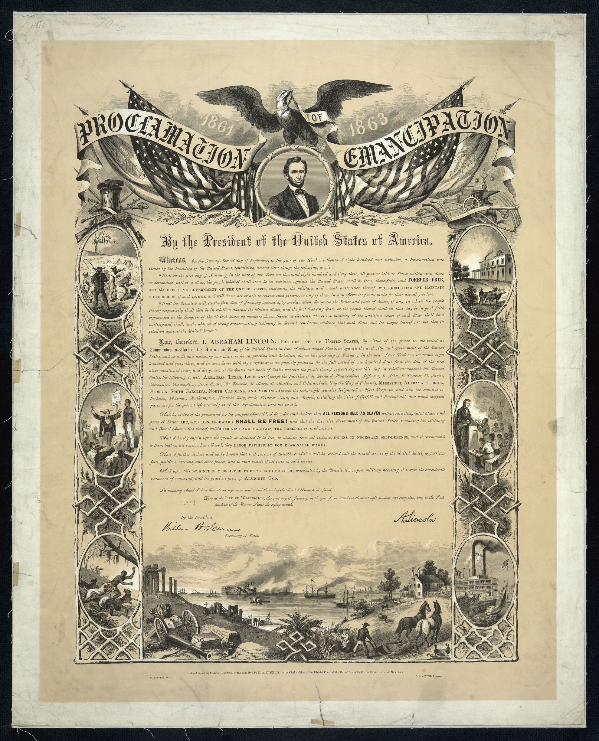 Photograph of a reproduction of the Emancipation Proclamation. Library of Congress description: "Eagle with banner 'Proclamation of Emancipation' and U.S. flags over portrait of Abraham Lincoln above text framed along the sides with vignettes about slavery, escape, education of African Americans, and the American cotton industry. Below the text is an image of rebuilding southern agriculture in the ruins of the Civil War", circa 1864. Engraving by W. Roberts, restoration by Bammesk/Library of Congress. Public Domain.