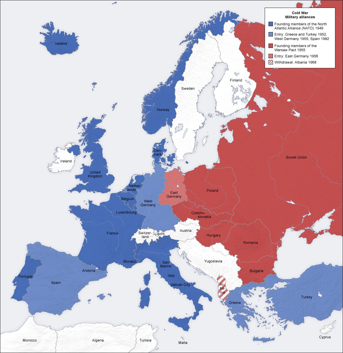 Cold war europe military alliances map. (CC BY-SA 3.0).