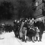 Suppression of Warsaw Ghetto Uprising. Captured Jews escorted by the Waffen SS, Nowolipie Street, 1943. Photo: Unknown/SS. Public Domain.