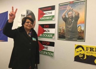 The still active Leila Khaled, here in Brussels, together with solidarity groups to receive EU support for prisoner releases, 8 February 1916. Source: Samidoun.net