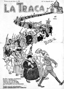 Forside på La Traca 1931. Fuld mobilisering mod den anden republik. Forside af tidsskrift 'La Traca' 1931. (Den anden republik blev erklæret 12.april 1931, Satire-tegningen viser modstanderne. (som går igen i 36-oprøret).