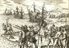 Columbus landing on Hispaniola, October 12, 1492; greeted by Arawak Indians. Litographi by Theodor de Bry (1528–1598), engraver, goldsmith, editor and publisher. based on eyevitnesses. Public Domain.