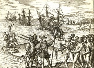Columbus landing on Hispaniola, October 12, 1492; greeted by Arawak Indians. Litographi by Theodor de Bry (1528–1598), engraver, goldsmith, editor and publisher. based on eyevitnesses. Public Domain.