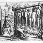 “They made gallows just high enough for the feet to nearly touch the ground … and they burned the Indians alive.” Illustration by Theodor de Bry in “A Short Account of the destruction of the Indies.” Brevisima Relacion De La Destruycion De Las Indias; by: Bartolome De Las Casas; (1552) (1552 is original edition – this image is probably from the 1598 Latin translation). Designer: Joos van Winghe (1544–1603), Southern Netherlandish-German painter and draughtsman. Engraver: Theodor de Bry (1528–1598), Southern Netherlandish engraver, draughtsman, editor and publisher. Public Domain.