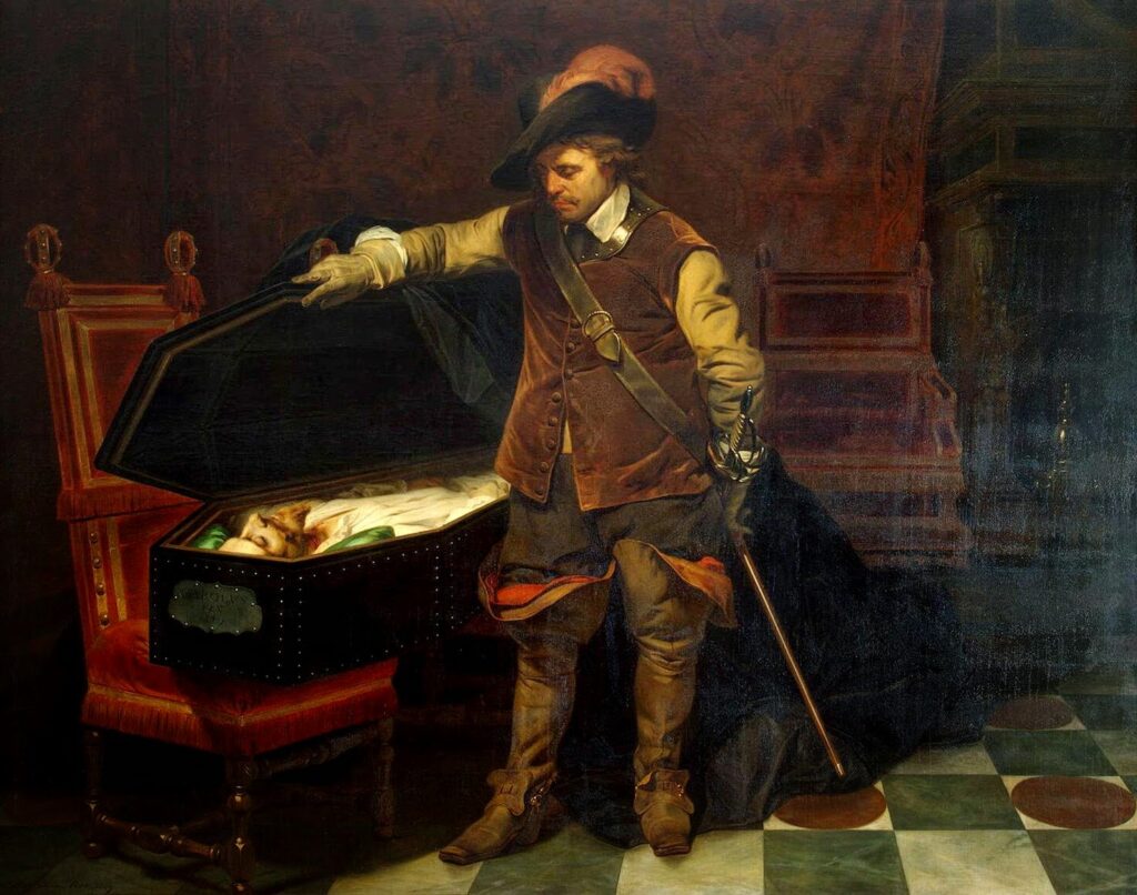 Cromwell and the corpse of Charles I. Oil on canvas painted 1831 by Paul Delaroche (1797–1856), French painter, artist and photographer. Collection: Kunsthalle Hamburg, Germany. Public Domain.