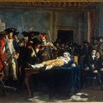 “Morning of 10 thermidor An II” Lying on a table, wounded, in a room of the Convention, Robespierre is the object of the curiosity and quips of Thermidorians, Oil on canvas painted ca. 1877 by Lucien-Étienne Mélingue (1841–1889), French artist and painter. Collection: Musée de la Révolution française. (CC BY-SA 2.0 FR).