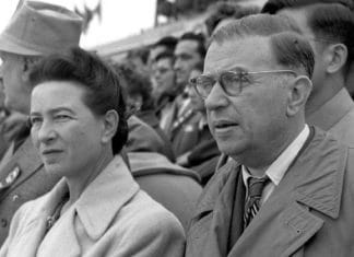 Simone de Beauvoir and Jean-Paul Sartre attended the ceremony of 6th Anniversary of Founding of Communist China in Beijing on 1 October 1955 in Tiananmen square, 1 October 1955. Photo: Liu Dong'ao, Xinhua News Agency. Public Domain. See 9. januar 1908 below.