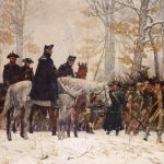 George Washington leading the Continental Army to Valley Forge in 1777. Oil on canvas painted in 1883 by William B. T. Trego (1858-1909), US painter. Collection: Museum of the American Revolution, Philadelphia, USA. Public Domain.