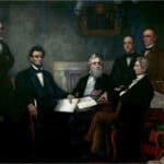 First Reading of the Emancipation Proclamation by President Lincoln, 1864. Oil on canvas painting by Francis Bicknell Carpenter (1830–1900). Shown (left to right):  Edwin M. Stanton, secretary of war (seated); Salmon P. Chase, secretary of the treasury (standing); Abraham Lincoln; Gideon Welles, secretary of the navy (seated); Caleb Blood Smith, secretary of the interior (standing); William H. Seward, secretary of state (seated); Montgomery Blair, postmaster general (standing); Edward Bates, attorney general (seated). Also shown are: Andrew Jackson, former president (painting centre); Simon Cameron, former secretary of war (painting left). Collection: United States Capitol. Current location: West Staircase, Senate Wing. History: 1877: purchased by Elizabeth Thompson from Francis Bicknell Carpenter for $25,000. 12 February 1878: given to U.S. Government by Elizabeth Thompson. Public Domain.