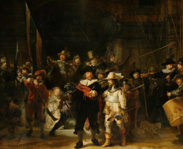 The Night Watch. The Company of Frans Banning Cocq and Willem van Ruytenburgh. Oil on canvas painted 1642 by Rembrandt van Rijn (1606–1669). Collection: Rijksmuseum, Amsterdam, Nederlands. Public Domain.