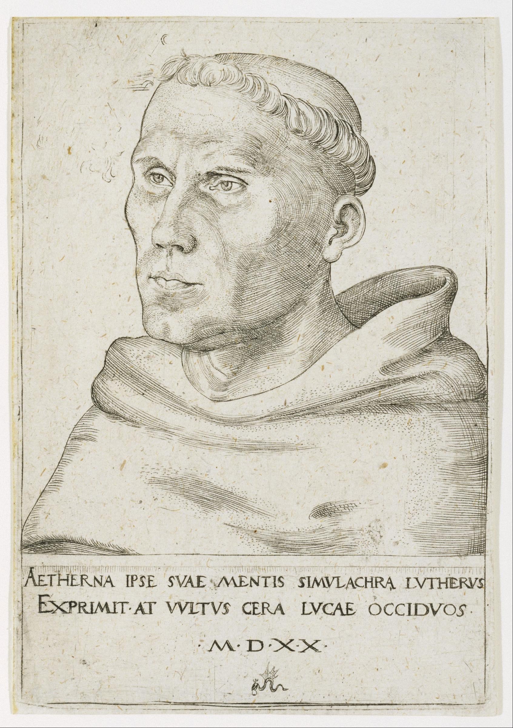 Martin Luther, Bust in Three-Quarter View. Engraving, on laid paper with watermark, from 1520 made by Lucas Cranach the Elder (1472–1553), German painter, draughtsman, printmaker and court painter. Collection/Credit: Museum of Fine Arts, Houston, USA. Public Domain.