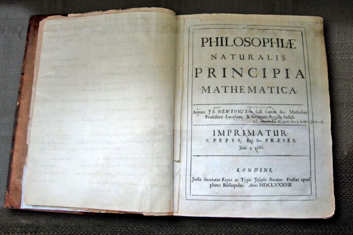 Sir Isaac Newton's own first edition copy of his Philosophiae Naturalis Principia Mathematica with his handwritten corrections for the second edition. The first edition was published under the imprint of Samuel Pepys who was president of the Royal Society. By the time of the second edition, Newton himself had become president of the Royal Society, as noted in his corrections. Collection: The Wren Library of Trinity College, Cambridge, England. Photo: © Andrew Dunn, 5 November 2004. (CC BY-SA 2.0).