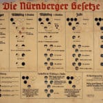 Chart to describe Nuremberg Laws of 15 September 1935 and the respective regulation of 14 November 1935. The “Nuremberg Laws” established a pseudo-scientific basis for racial identification. Only people with four non-Jewish German grandparents (four white circles in top row left) were of “German blood”. A Jew was defined by the Nazis as someone who descended from three or four Jewish grandparents (black circles in top row right). In the middle stood people of “mixed blood” of the “first or second degree.” A Jewish grandparent was defined as a person who was ever a member of a Jewish religious community. Also includes a list of allowed marriages (“Ehe gestattet”) and forbidden marriages (“Ehe verboten”). 14 novembre 1935. Auteur: German Government (“Entwurf Willi Hackenberger”, “Copyright by Reichsausschuß für Volksgesundheitsdienst”, government agency apparently part of the Reichs- und Preußisches Ministerium des Innern). Public Domain.