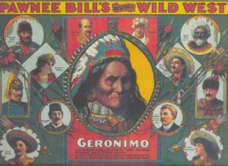 Denne plakat af Bowl Show blev offentliggjort i 1905 med den berømte Apache-kriger, Geronimo, og andre deltagere.