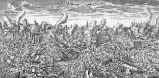 Lisbon, Portugal, during the great earthquake of 1 November 1755. This copper engraving, made that year, shows the city in ruins and in flames. Tsunamis rush upon the shore, destroying the wharfs. The engraving is also noteworthy in showing highly disturbed water in the harbor, which sank many ships. Passengers in the left foreground show signs of panic. Original in: Museu da Cidade, Lisbon. Reproduced in: O Terramoto de 1755, Testamunhos Britanicos = The Lisbon Earthquake of 1755, British Accounts. Lisbon: British Historical Society of Portugal, 1990. Artist: Unknown. Public Domain.