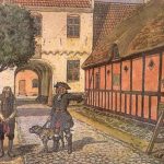 Bonden på træhesten. Planche efter akvarel ca. 1925 af Rasmus Christiansen (1863-1940), dansk tegner og maler. public Domain. Kilde: Dansk Landbrugsmuseeum.