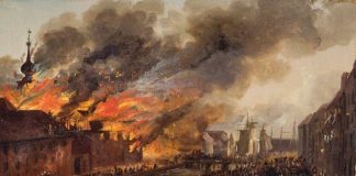 25. juni 1817: Oprøret i Tug-, Rasp- og forbedringshuset. Maleri af J.C. Dahl. Branden i Tugthuset i 1817. I forgrunden Christianshavns Kanal, Overgaden Neden Vandet.