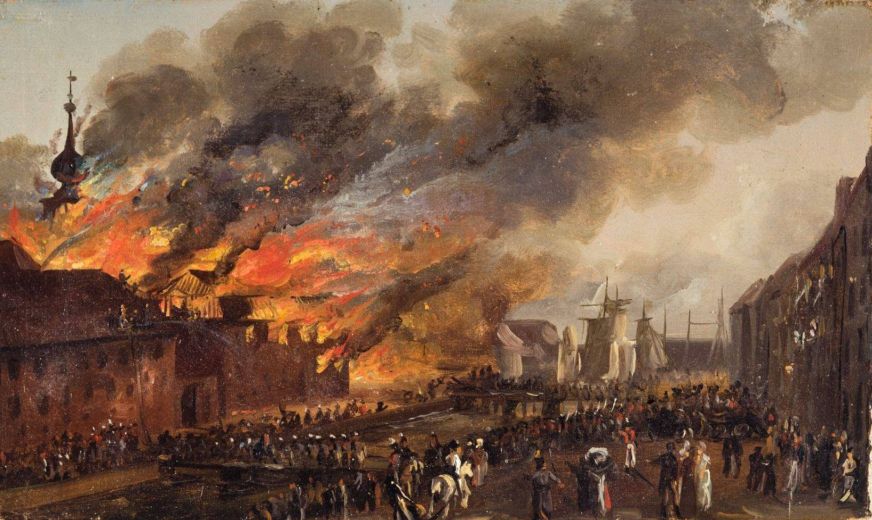 25. juni 1817: Oprøret i Tug-, Rasp- og forbedringshuset. Maleri af J.C. Dahl. Branden i Tugthuset i 1817. I forgrunden Christianshavns Kanal, Overgaden Neden Vandet.