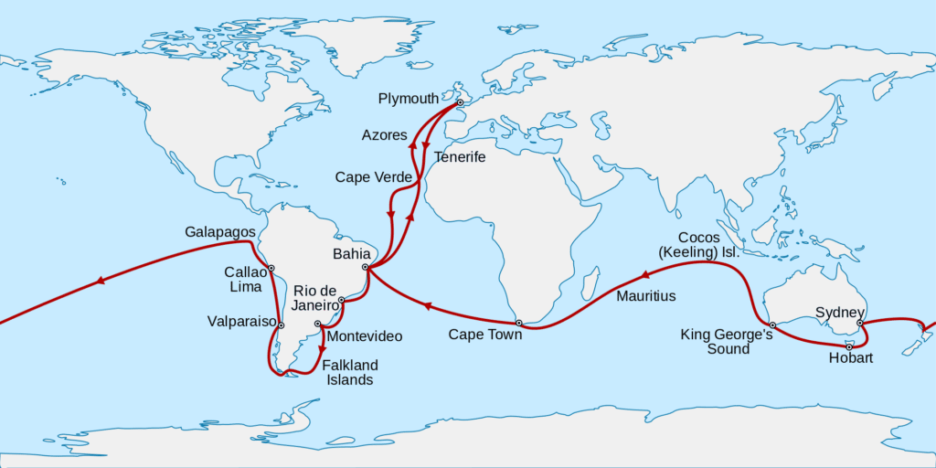 Map of the Voyage of the Beagle, a circumnavigation travel with Charles Darwin. Date: 1 November 2007. Drawn by Kipala, Samsara and Dave souza, from a map by User:WEBMASTER. (CC BY-SA 4.0)/Free Art License. 