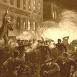 Sketch of May 1886 Haymarket riot, from Harper’s Weekly, May 15, 1886. Public Domain.
