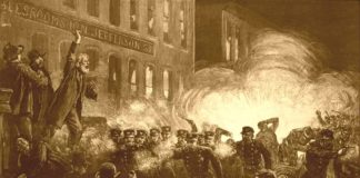 Sketch of May 1886 Haymarket riot, from Harper's Weekly, May 15, 1886. Public Domain.