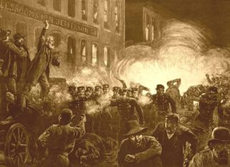 Sketch of May 1886 Haymarket riot, from Harper's Weekly, May 15, 1886. Public Domain.