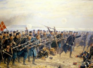 Oliemaleri af den "Ottende brigades angreb ved Dybbøl 18. april 1864", 1864. Malet af Vilhelm Rosenstand (1838–1915). Billedet er placeret på Det Nationalhistoriske Museum i Frederiksborg Slot. Foto: Eget fotografiske reproduction af et udløbet kunstværk. Public Domain.