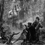 “A strange apparition: Ned Kelly’s Fight and Capture”, wood engraving, printed in The Age. 17 July 1880. Gravør: James Waltham Curtis (1839-1901). Public domain.