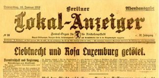 Berliner Lokal-Anzeiger 16 janauar 1919 om mordet på Karl Liebknecht og Rosa Luxemburg. Se nedenfor 15. januar 1919.
