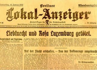 Berliner Lokal-Anzeiger 16 janauar 1919 om mordet på Karl Liebknecht og Rosa Luxemburg. Se nedenfor 15. januar 1919.