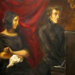 Painting oil on canvas of Frédéric Chopin and George Sand based on the circa 1837 preliminary sketch of Eugene Delacroix’s joint portrait of Frédéric Chopin and George Sand by Eugène Delacroix (1798–1863). 2008. Current location: Louvre Museum. Public Domain.