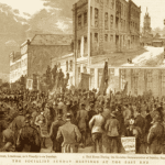 Socialist street meetings were held here during the 1880s and were addressed by Bernard Shaw, Eleanor Marx, William Morris and others. Engraving by JRR from The Graphic, 3 October 1885. Public Domain.