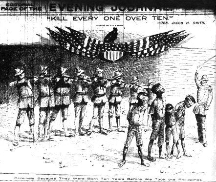 Enraged by a guerrilla massacre of U.S. troops on the Island of Samar, General Jacob H. Smith retaliated by carrying out an indiscriminate attack upon its inhabitants. His order "KILL EVERY ONE OVER TEN" became a caption in the New York Journal cartoon on May 5, 1902. The Old Glory draped an American shield on which a vulture replaced the bald eagle. The bottom caption exclaimed, "Criminals Because They Were Born Ten Years Before We Took the Philippines". This was published in the New York Journal-American, May 5, 1902. Smith was eventually court-martialed by the American military and forced to retire. Public Domain (Wikimedia Commons).